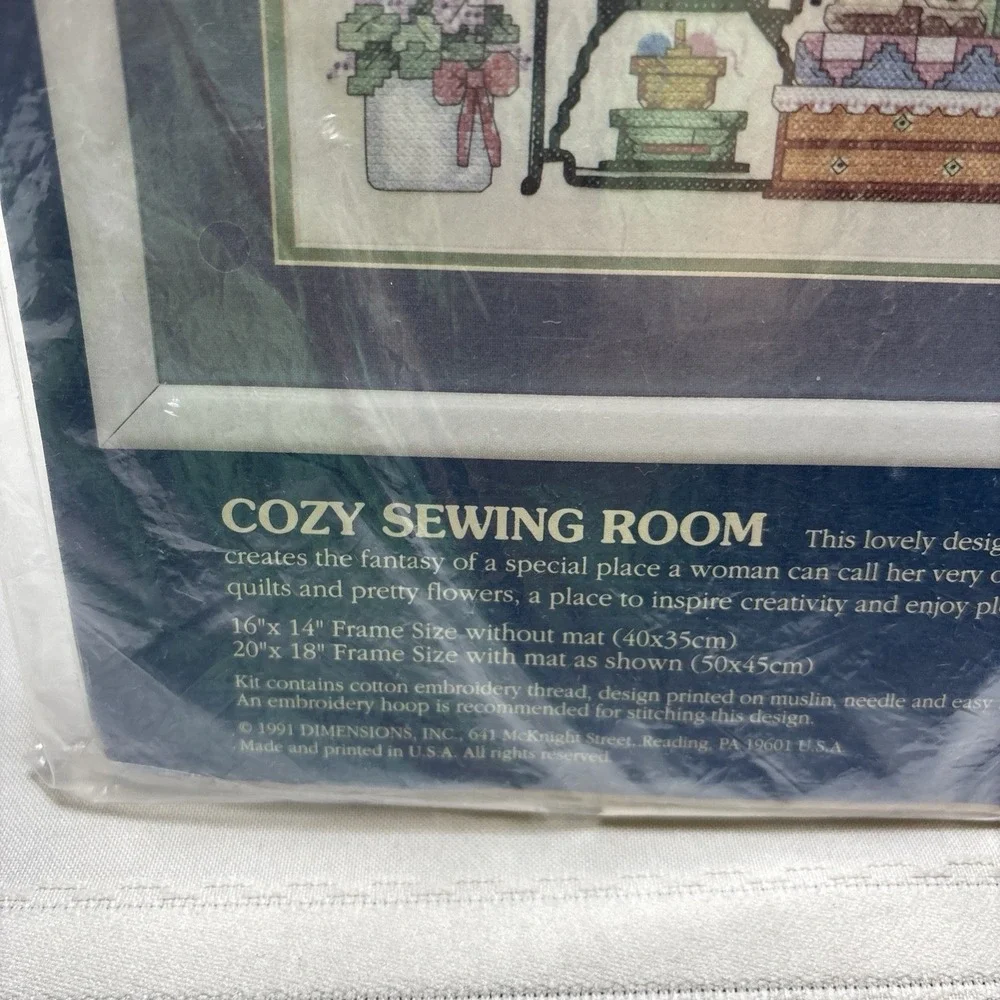 1991 Dimension Sunset Cozy Sewing Room 13043 Stamp Cross Stitch Kit Vtg Open Pkg